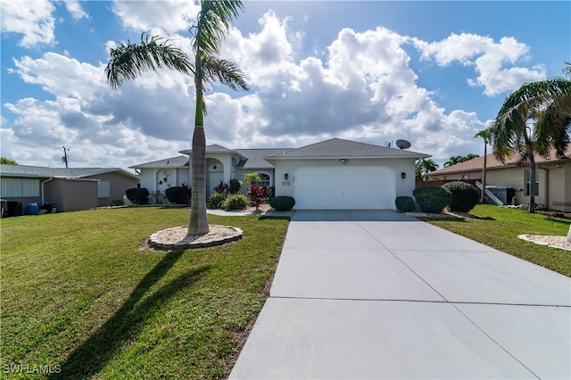 single story home with a front lawn and a garage