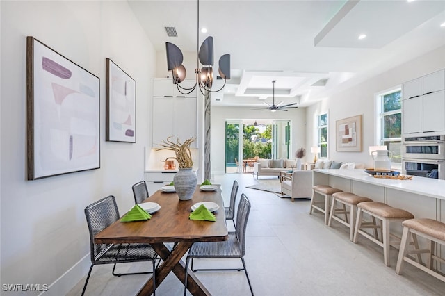 dining area with coffered ceiling, ceiling fan with notable chandelier, and beam ceiling