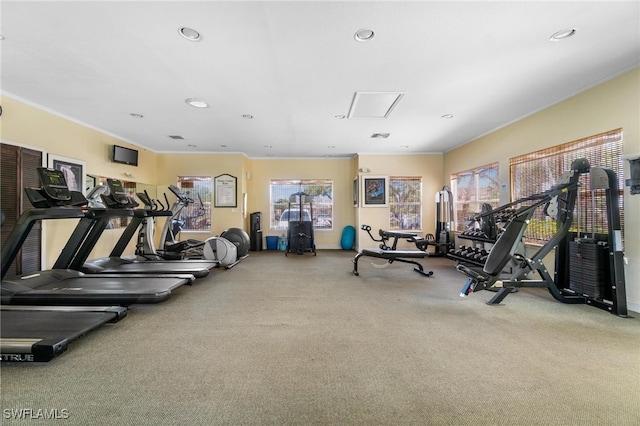 exercise room with ornamental molding