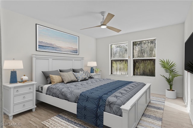 bedroom with ceiling fan and light hardwood / wood-style flooring