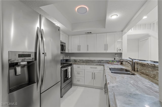 kitchen with a tray ceiling, white cabinets, sink, and stainless steel appliances