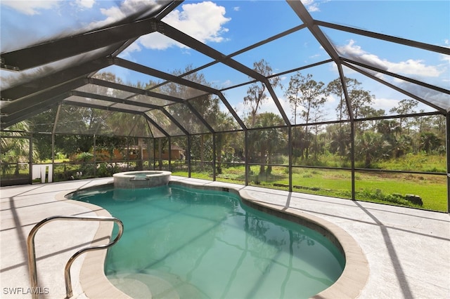 view of swimming pool with a patio, glass enclosure, and an in ground hot tub