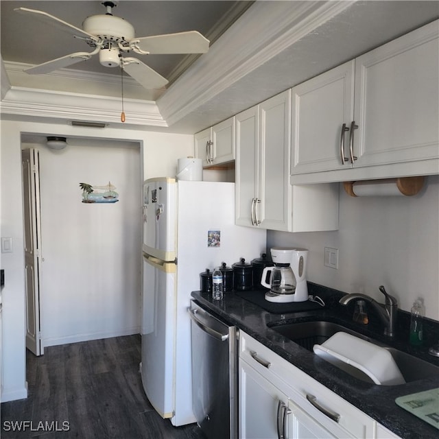 kitchen featuring a sink, crown molding, white cabinetry, and stainless steel dishwasher