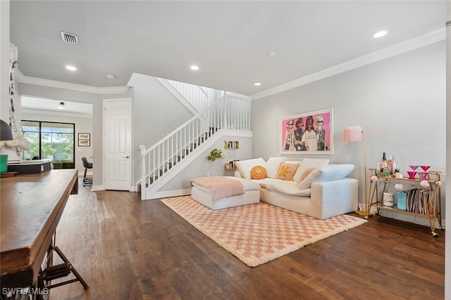 living room featuring ornamental molding and dark wood-type flooring