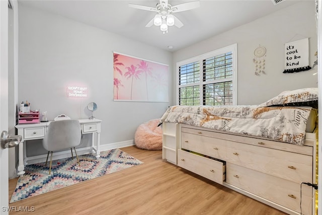 bedroom featuring ceiling fan and light wood-type flooring