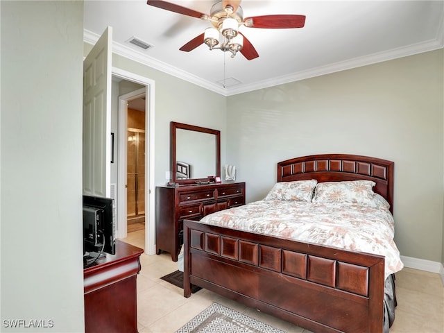 tiled bedroom with ceiling fan and crown molding