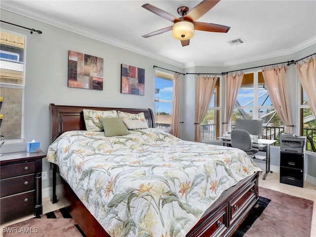 bedroom with access to outside, ceiling fan, and crown molding