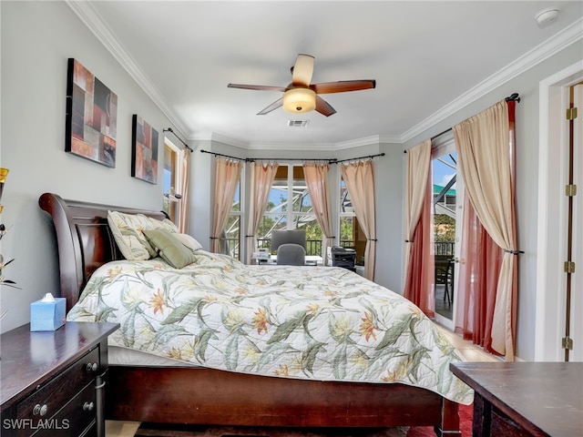 bedroom with ceiling fan, crown molding, and access to outside