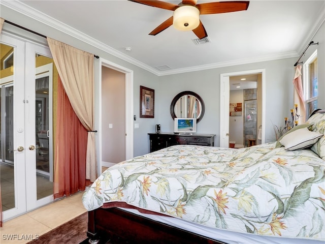 bedroom featuring tile patterned flooring, french doors, ceiling fan, and crown molding