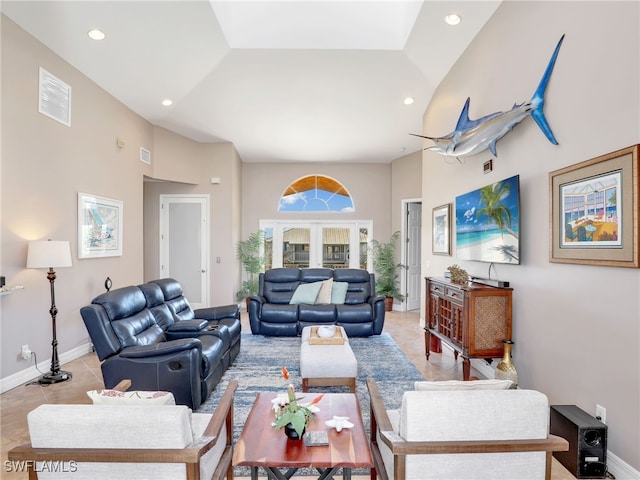 tiled living room featuring high vaulted ceiling