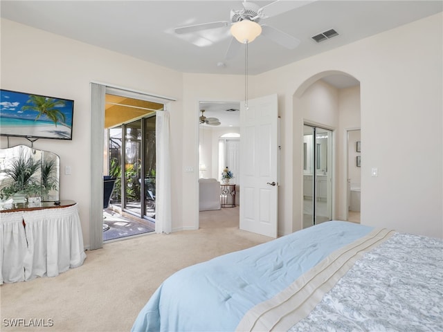 carpeted bedroom with access to exterior and ceiling fan