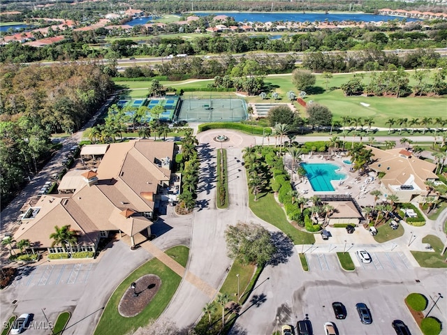 bird's eye view with a water view