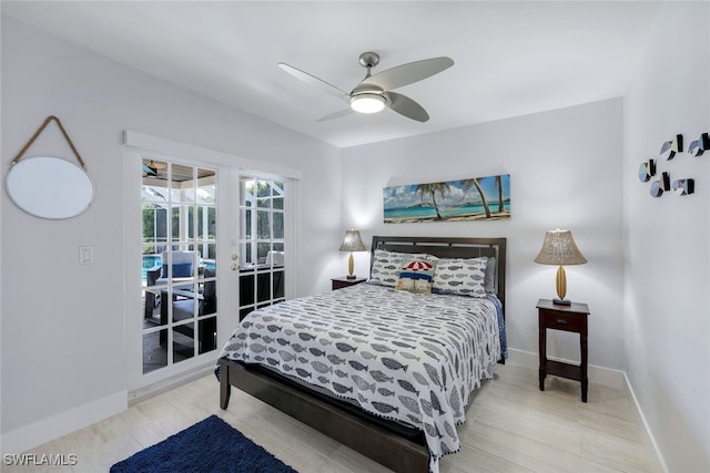 bedroom featuring access to outside, ceiling fan, and french doors