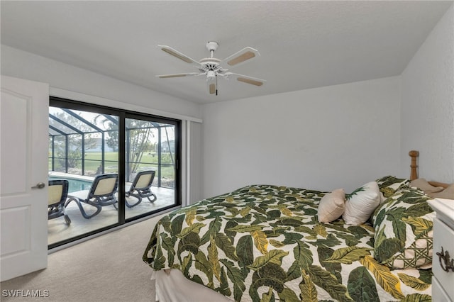 bedroom featuring ceiling fan, carpet flooring, and access to outside