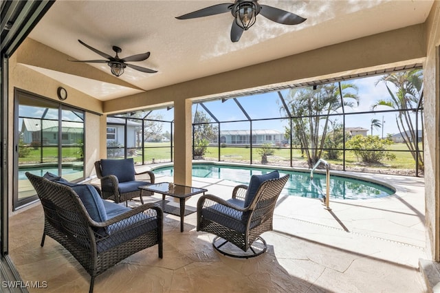 exterior space with vaulted ceiling and ceiling fan