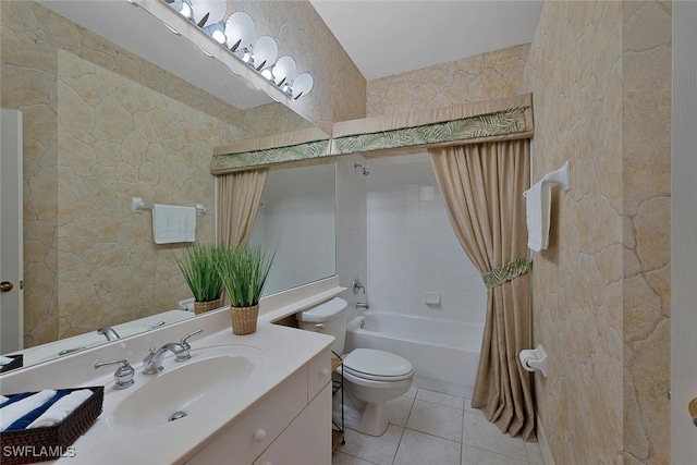 full bathroom featuring toilet, vanity, shower / bath combo, and tile patterned floors