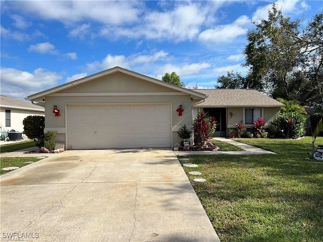 ranch-style house with a garage, a front lawn, and central AC unit