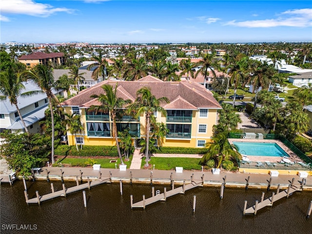 bird's eye view with a water view