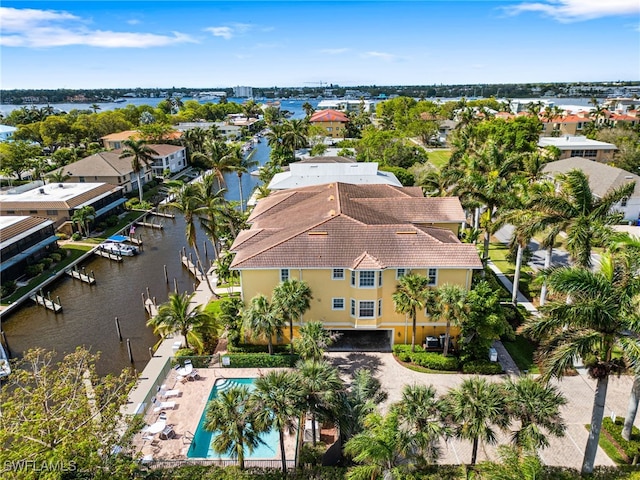 bird's eye view with a water view