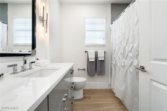 bathroom featuring wood-type flooring, toilet, and vanity