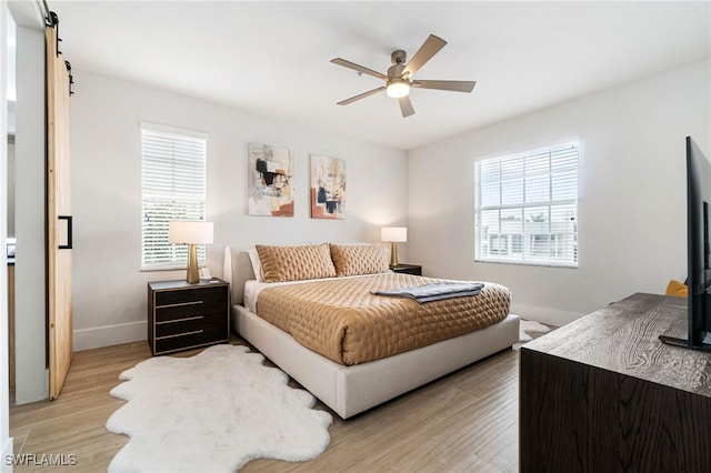 bedroom with a barn door, light hardwood / wood-style floors, and multiple windows