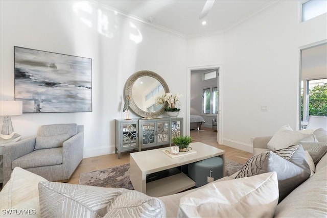 living room featuring a high ceiling and crown molding