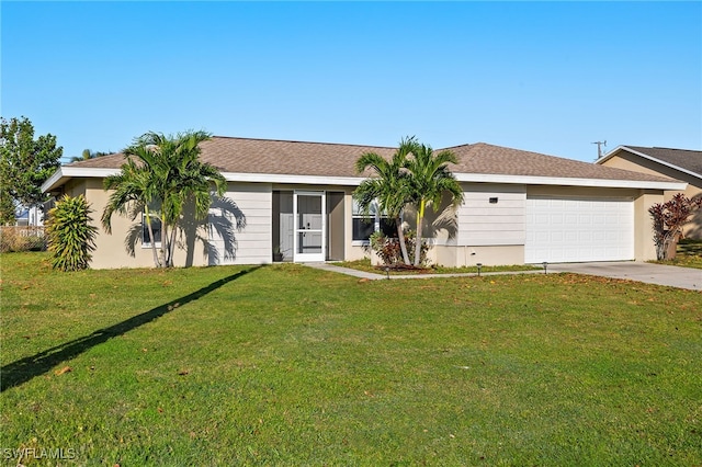 ranch-style home featuring a front yard and a garage