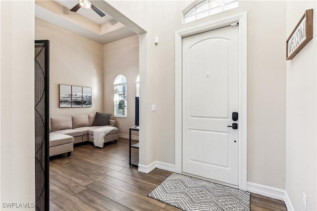 entrance foyer featuring hardwood / wood-style floors and ceiling fan