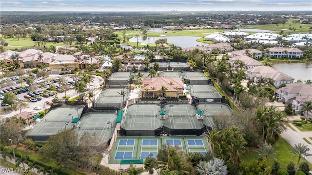 bird's eye view with a water view