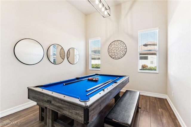 playroom featuring dark hardwood / wood-style floors and billiards