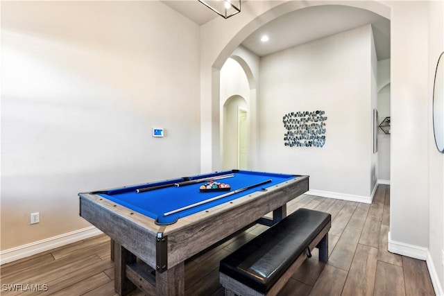 7821 Ashton Rd, Naples, FL 34113 - rec room featuring wood finished floors, billiards, and arched walkways