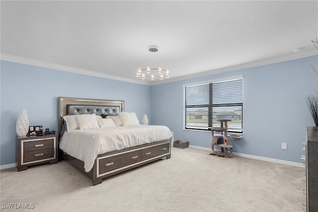 bedroom with ornamental molding and light colored carpet