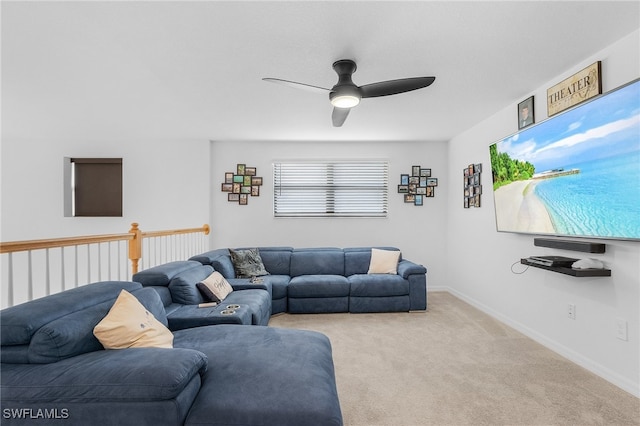 living room with light carpet and ceiling fan