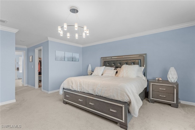 carpeted bedroom with a notable chandelier and crown molding