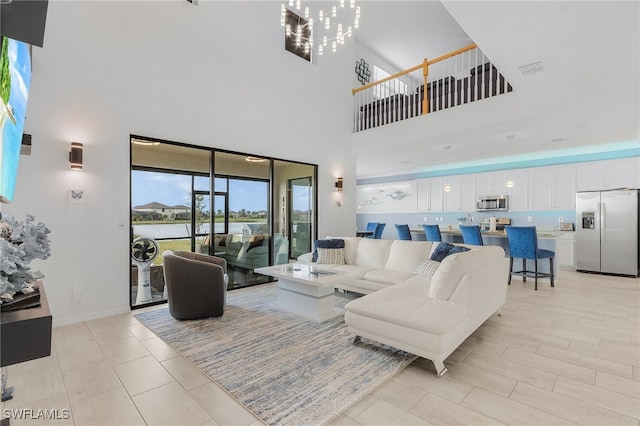 living room with a high ceiling