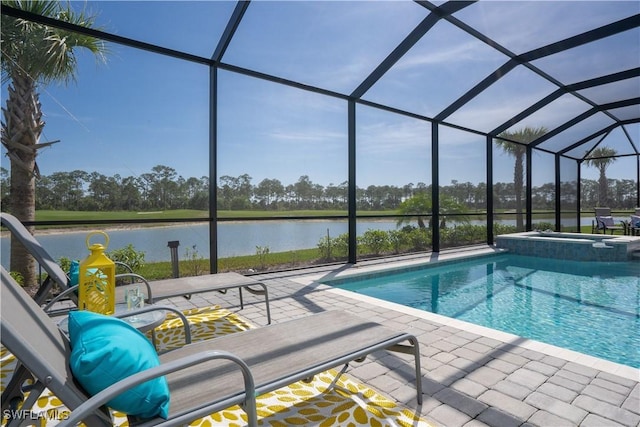 view of swimming pool with a water view, a patio area, glass enclosure, and an in ground hot tub