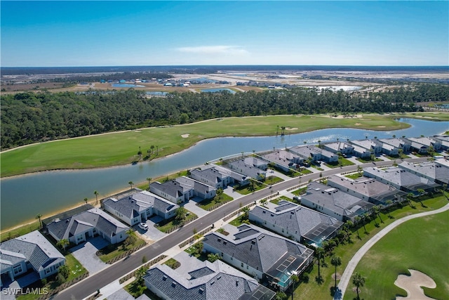 bird's eye view with a residential view, a water view, and view of golf course