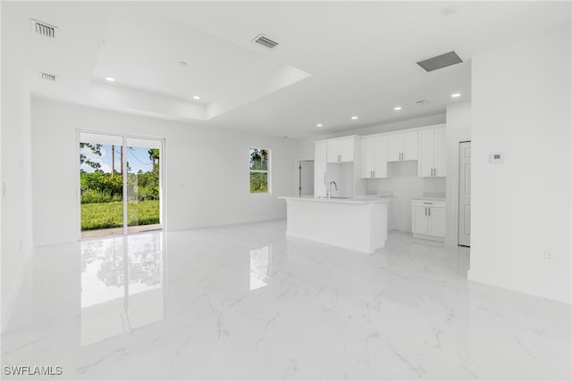 unfurnished living room featuring sink and a raised ceiling