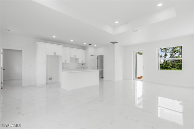 unfurnished living room with sink and a raised ceiling