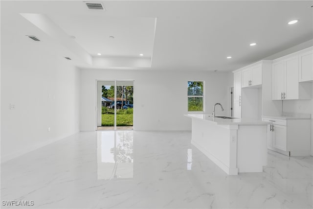 kitchen with a center island with sink, sink, white cabinets, and a raised ceiling