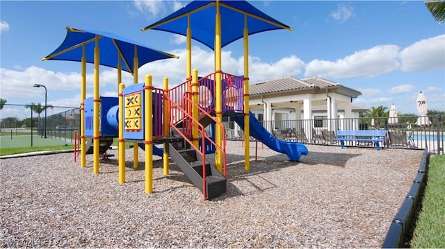 view of playground featuring a community pool