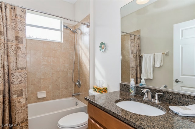 full bathroom with vanity, toilet, and shower / bathtub combination with curtain