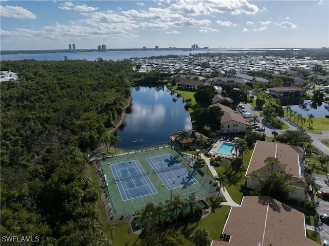 drone / aerial view with a water view