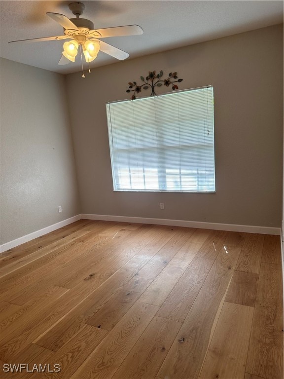 spare room with light hardwood / wood-style floors and ceiling fan