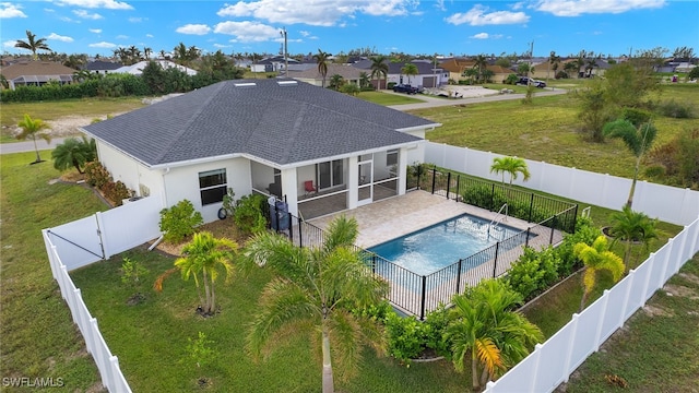 back of property featuring a patio, a fenced backyard, a residential view, a gate, and stucco siding