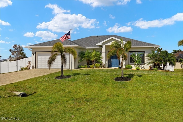 ranch-style home featuring a garage, fence, decorative driveway, a front yard, and stucco siding