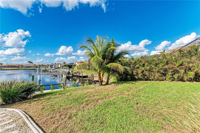 view of yard with a water view and a boat dock