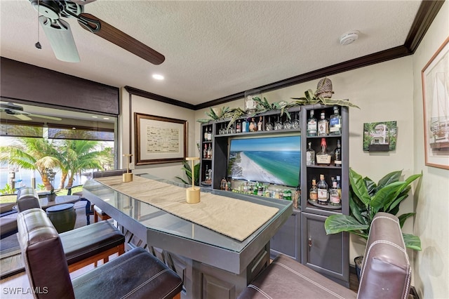 bar with crown molding, a textured ceiling, and ceiling fan