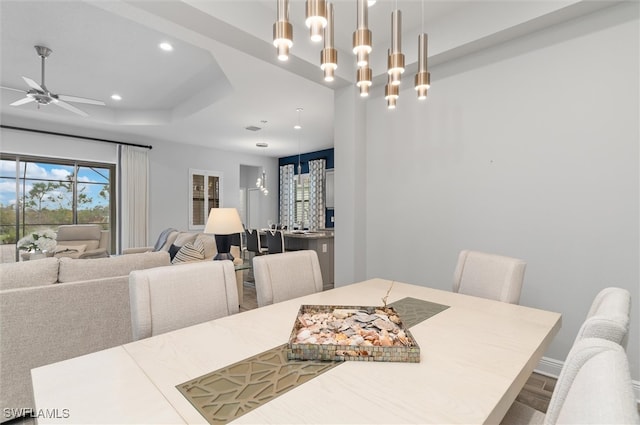 dining space featuring a raised ceiling, ceiling fan, and wood-type flooring