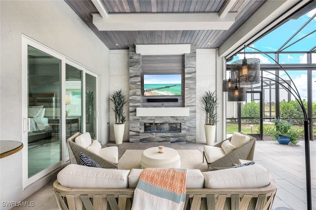 interior space featuring wooden ceiling and a fireplace